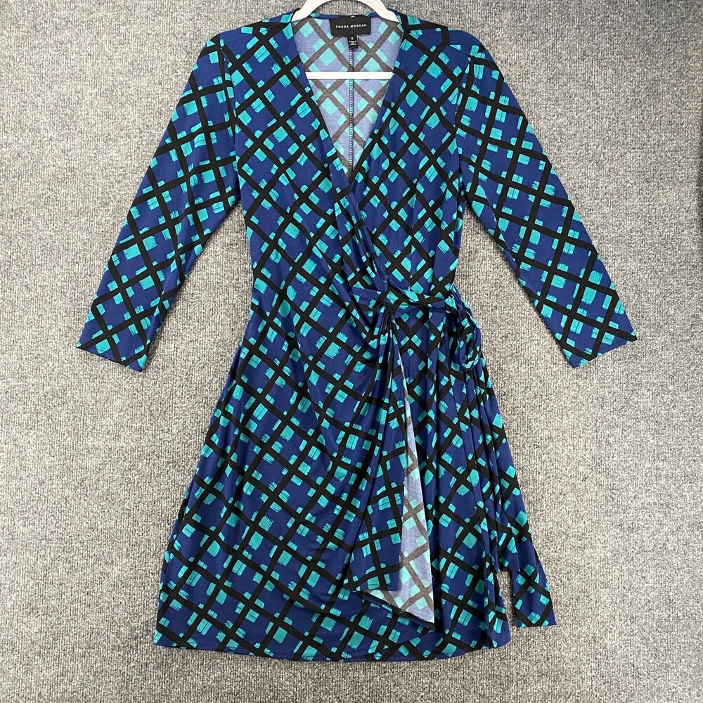 Donna Morgan Wrap Dress Womens 6 Blue Plaid Jersey Ladies Classic Office Modest